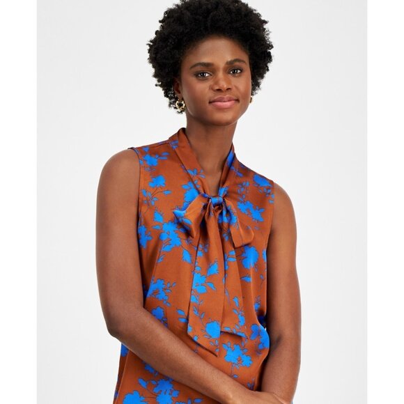 Tahari ASL Women Floral-Print Bow-Neck Blouse Brown Size S SALE $69 - Picture 2 of 3